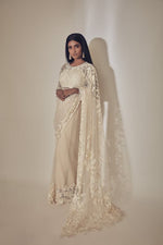 Hand embroidered tulle ivory saaree