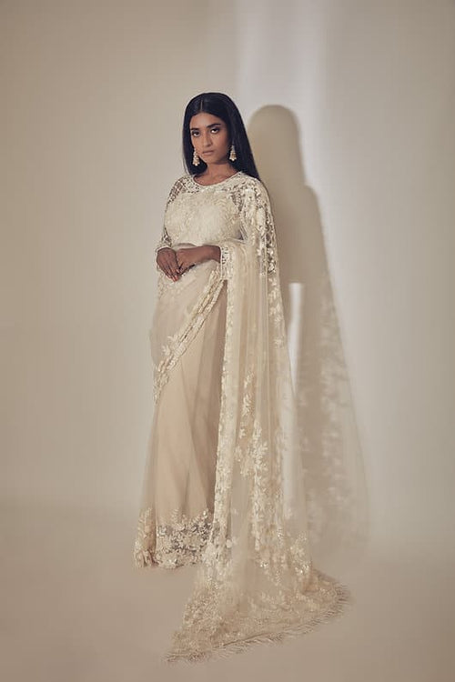 Hand embroidered tulle ivory saaree