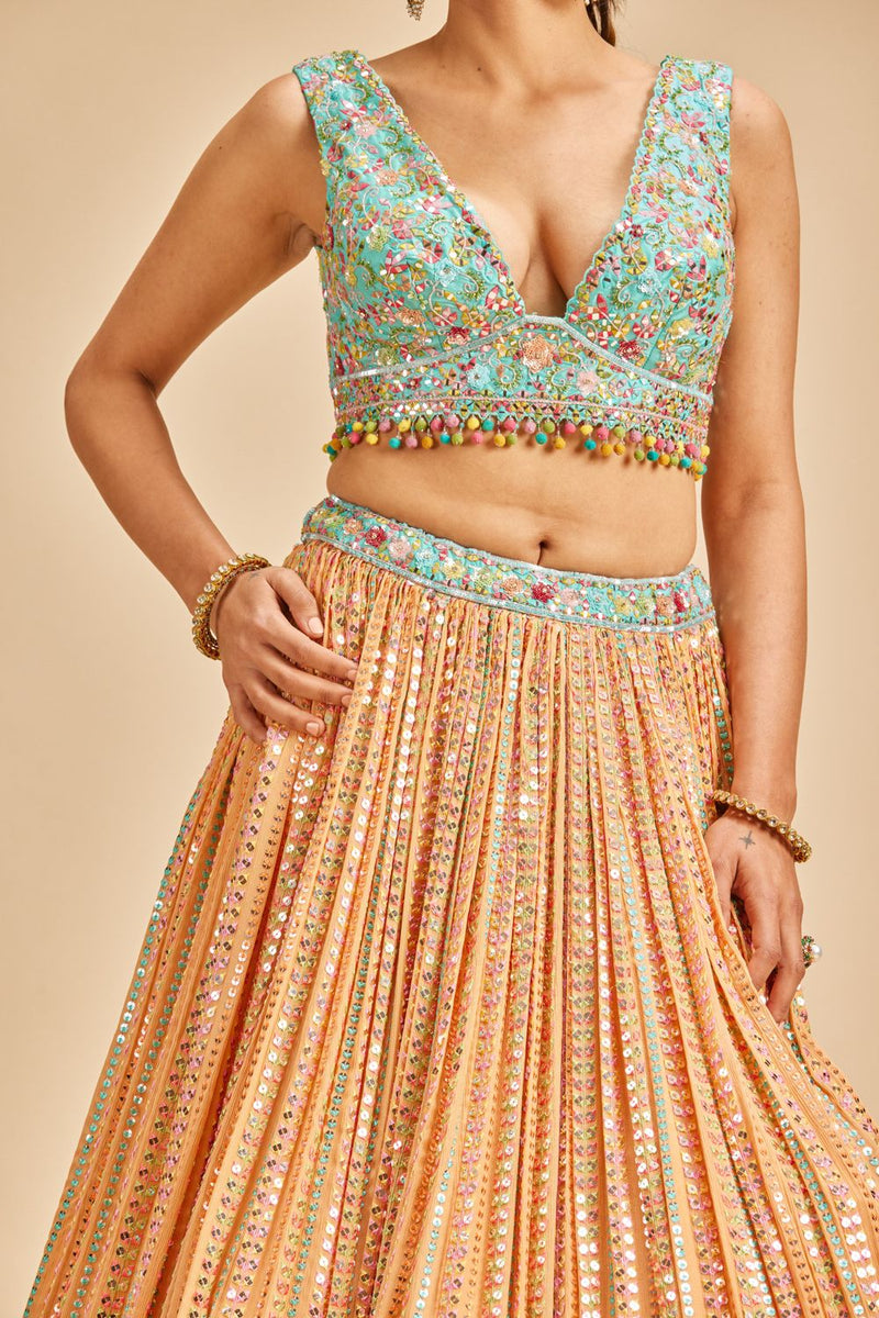 ORANGE PATRA WORK LEHENGA SET