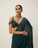 Dark Jade Green Crystal Linear Embroidered Saree