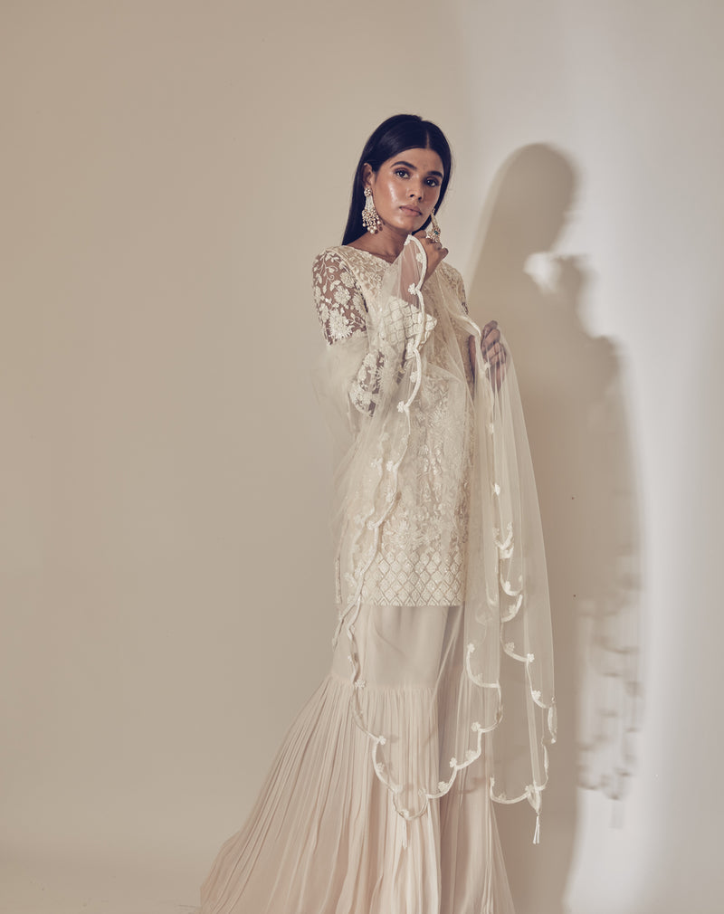 Hand Embroidered Ivory Sharara Set