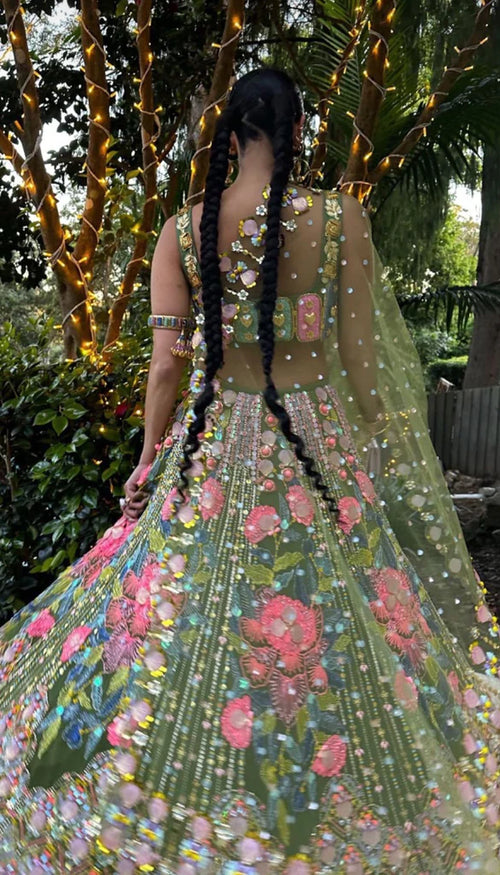 I'D WANNA BE ME TOO MOSS GREEN EMBELLISHED FULL LEHENGA SET