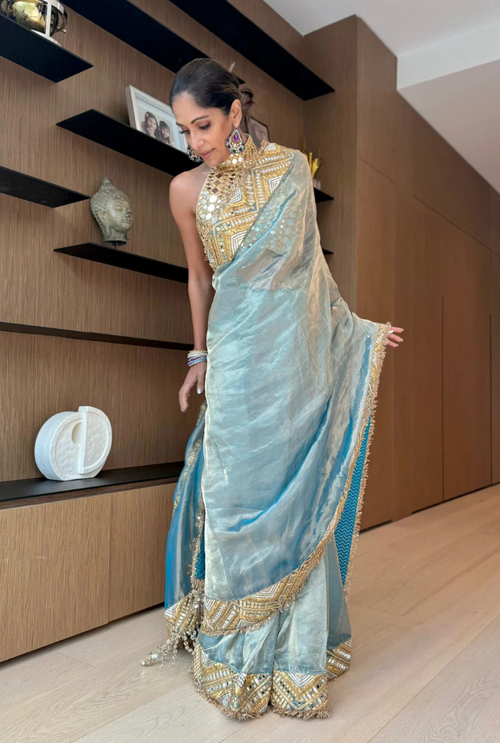 Blue Mirror Work Saree