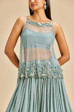 GREY SEQUINS LEHENGA WITH BUSTIER AND NET TOP