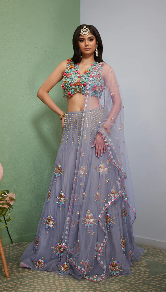 GREY MORE : GREY EMBELLISHED LEHENGA SET.