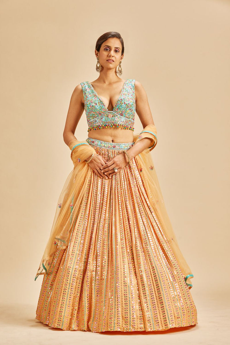 ORANGE PATRA WORK LEHENGA SET