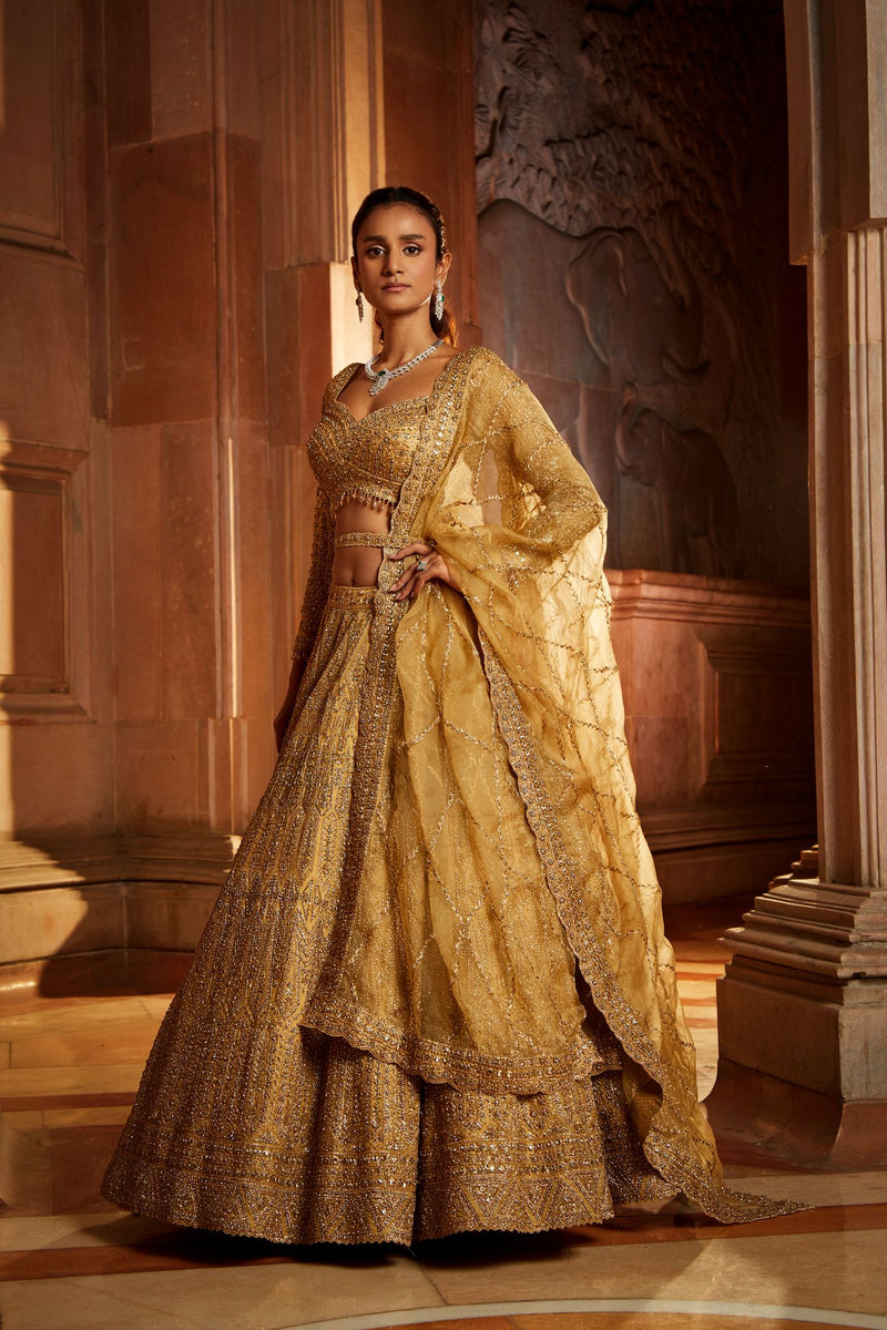 GOLD ORGANZA LEHENGA CHOLI DUPATTA WITH WORKED BELT