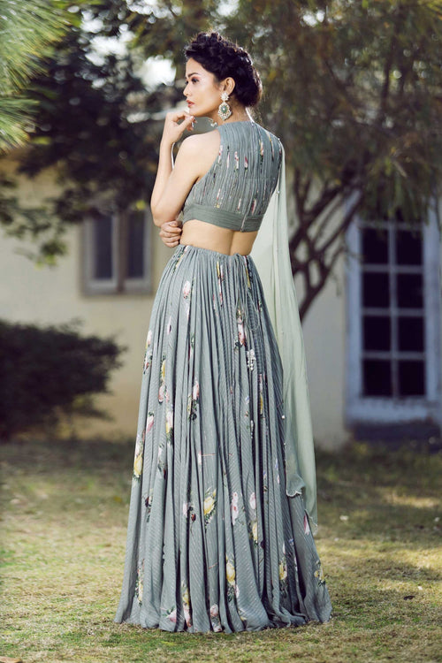 Olive green ruchhed back cut-out anarkali set