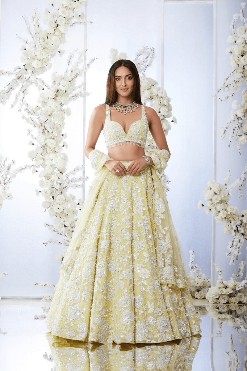 Lime Yellow Floral Lehenga Set Fabric- Net