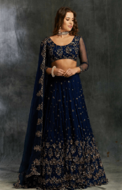 Midnight Blue Net Sequin Shimmer Lehenga / Dark Blue Georgette Lehenga with Wrap Blouse