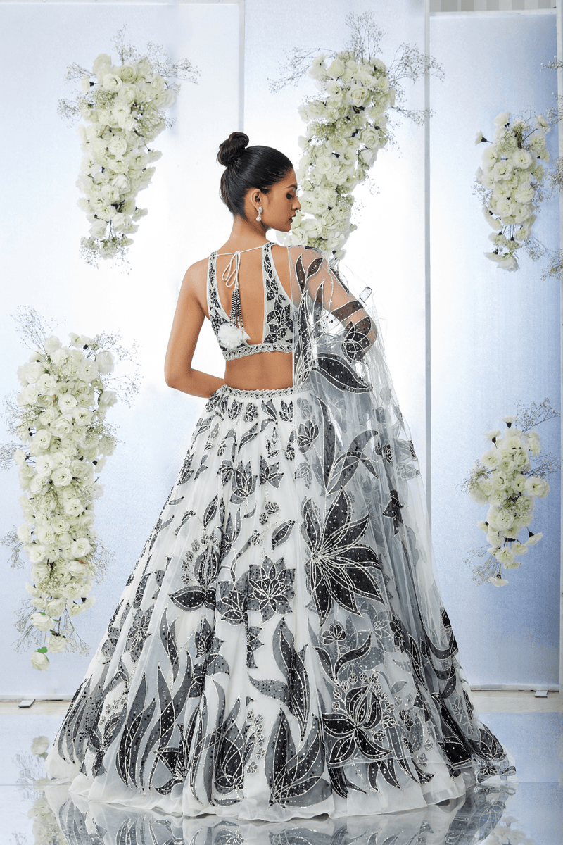 White Black Floral Lehenga Set