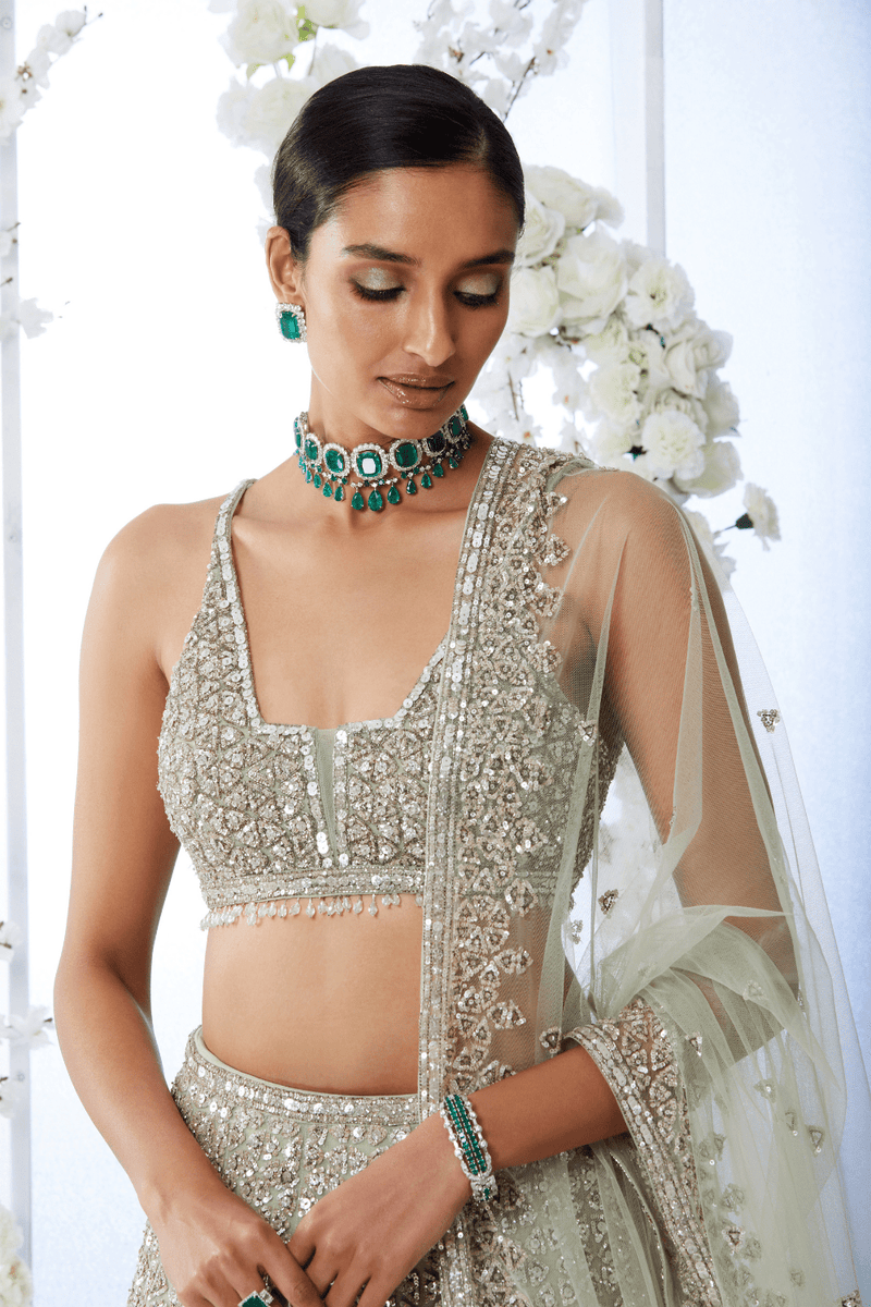 Sea Green Sequin Lehenga Set by Seema Gujral - Lotus Bloom Canada