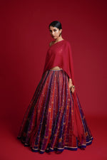 Multi Coloured Converging Stripe Print Organza Lehenga Set