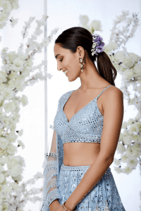 Powder Blue Mirror Work Lehenga Set by Seema Gujral at Lotus Bloom Canada