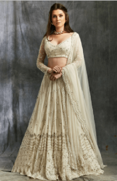 Off White & Silver Sequin Net Lehenga