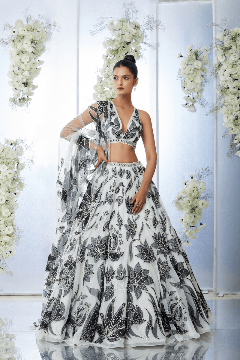 White Black Floral Lehenga Set