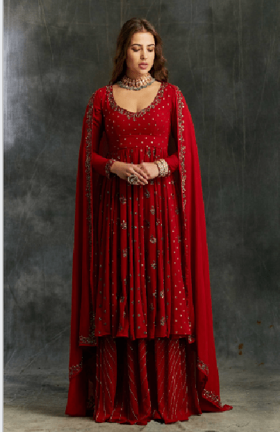 Red Georgetter Anarkali with Sharara/Blue Border Lehenga with off Shoulder crop top