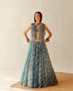 Lake Blue Organza Lehenga Set With Embroidered Gilet