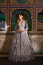 Silver Zardosi Jacket Lehenga Set by Seema Gujral at Lotus Bloom