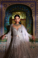 Silver Zardosi Jacket Lehenga Set by Seema Gujral at Lotus Bloom