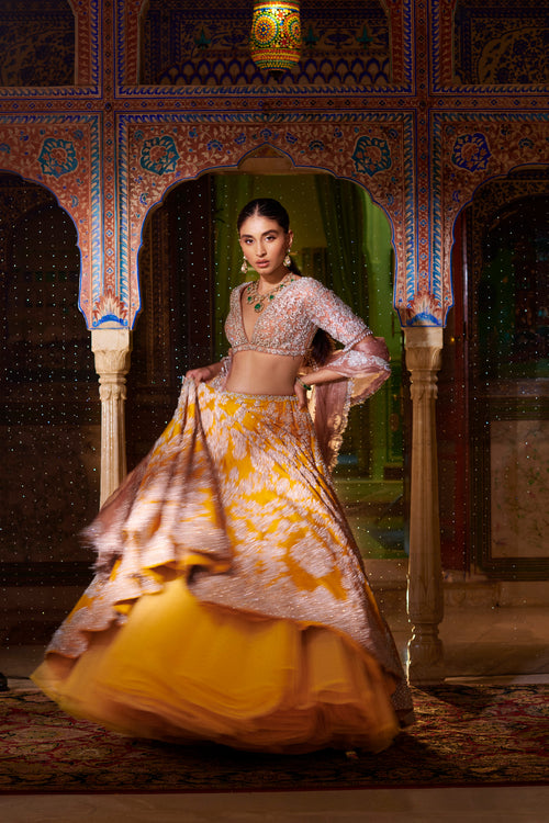 Yellow Silver Zardozi Lehenga Set