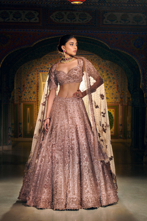 Rose Gold Three-Dimensional Lehenga Set by Seema Gujral - Lotus Bloom Canada