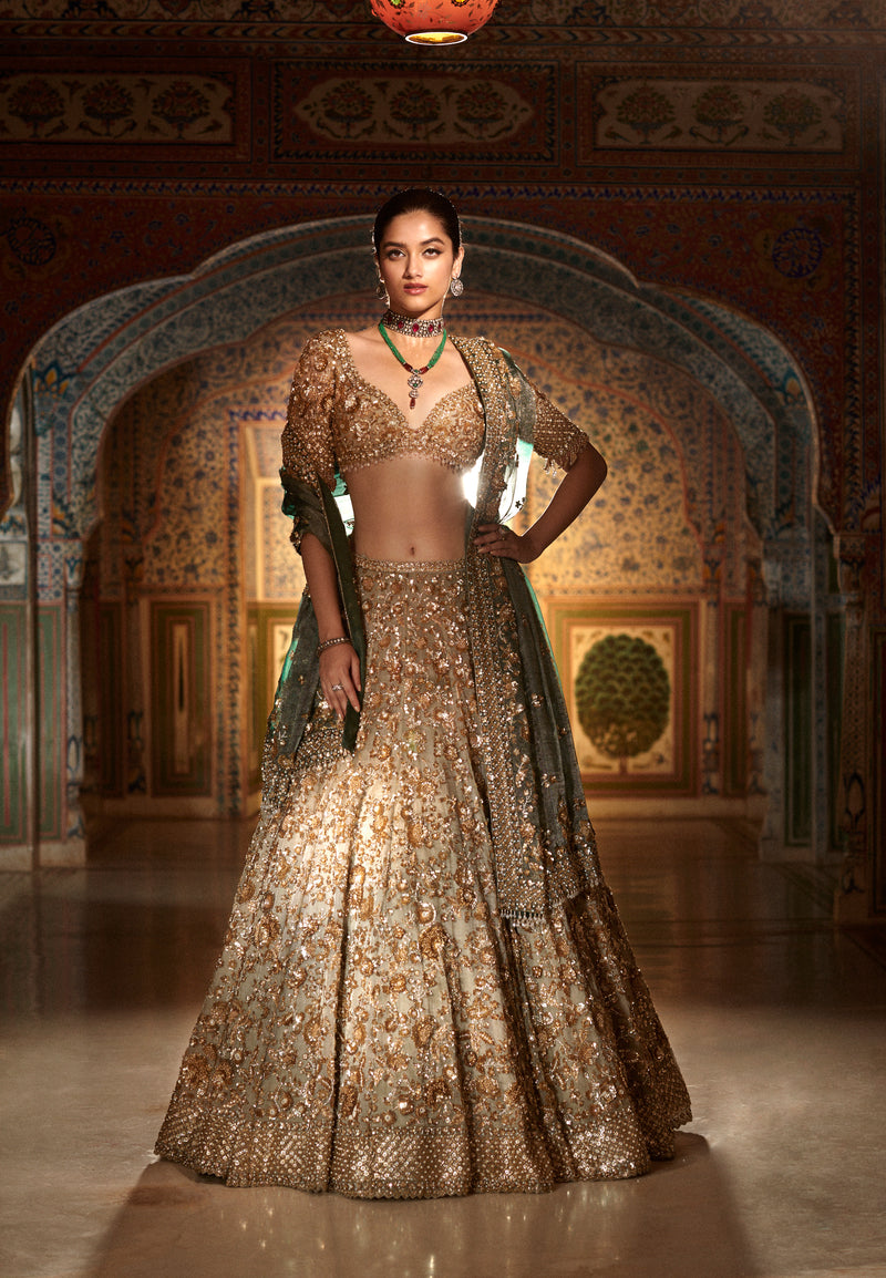 Champagne Zardozi Lehenga Set by Seema Gujral - Lotus Bloom Canada