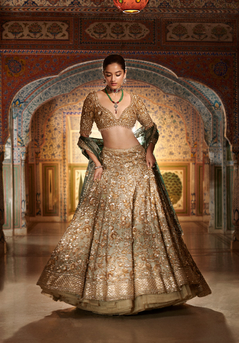 Champagne Zardozi Lehenga Set by Seema Gujral - Lotus Bloom Canada