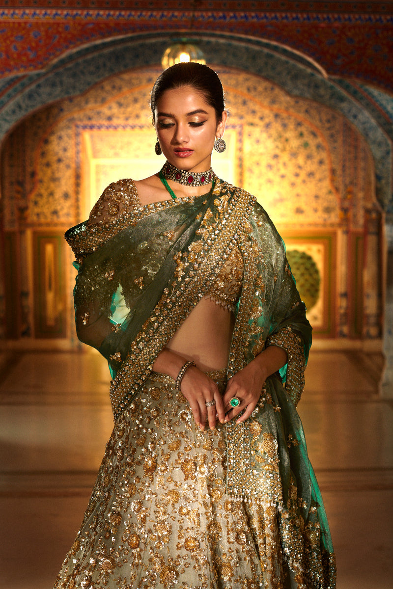 Champagne Zardozi Lehenga Set by Seema Gujral - Lotus Bloom Canada