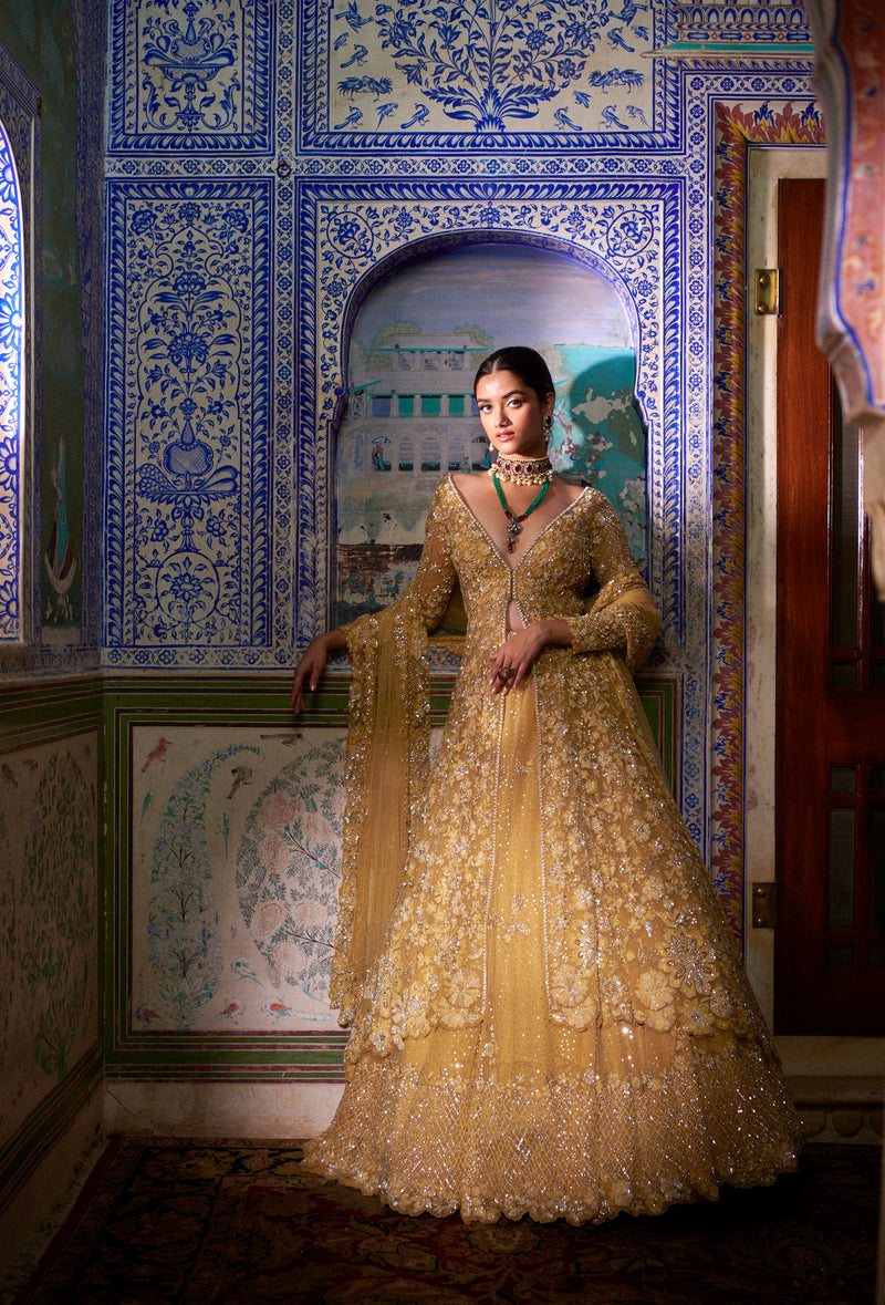 Gold Jacket Lehenga Set by Seema Gujral - Lotus Bloom Canada