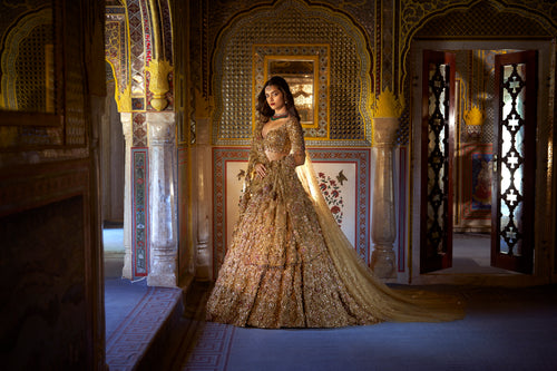 Gold Three-Dimensional Jewel Lehenga Set by Seema Gujral - Lotus Bloom Canada