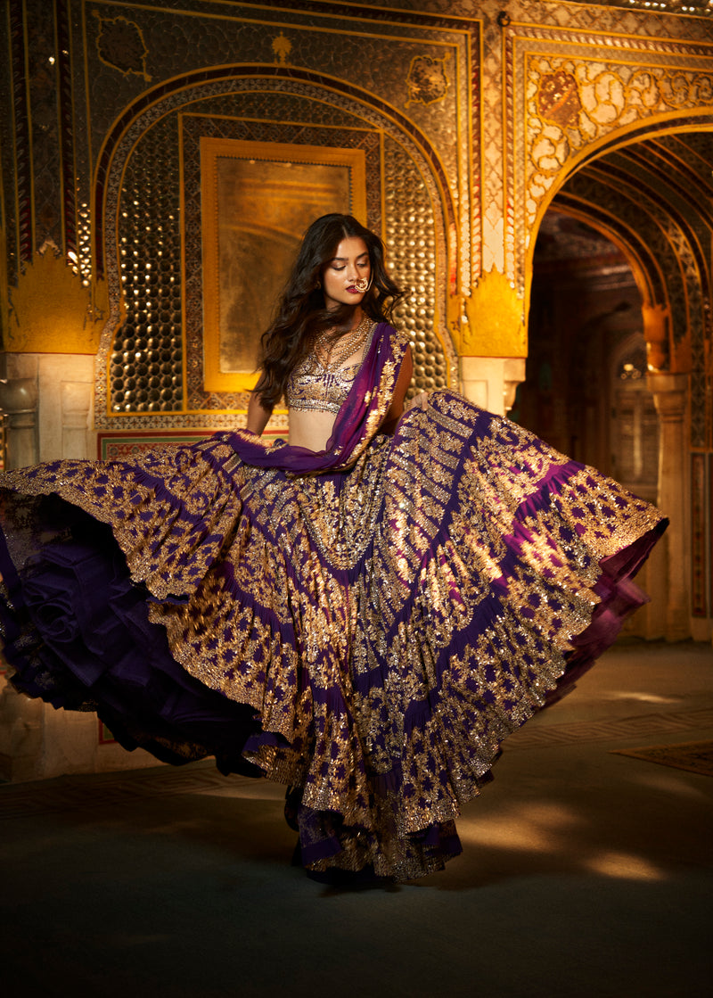 Purple Multi-Tiered Lehenga Set by Seema Gujral - Lotus Bloom Canada