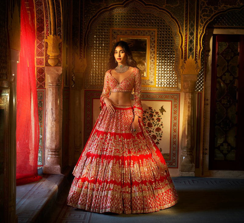 Red Multi-Tiered Lehenga Set by Seema Gujral - Lotus Bloom Canada