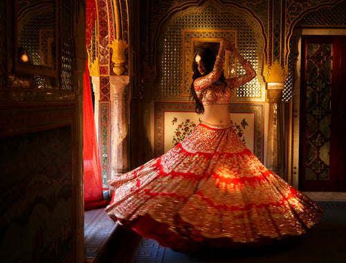 Red Multi-Tiered Lehenga Set by Seema Gujral - Lotus Bloom Canada