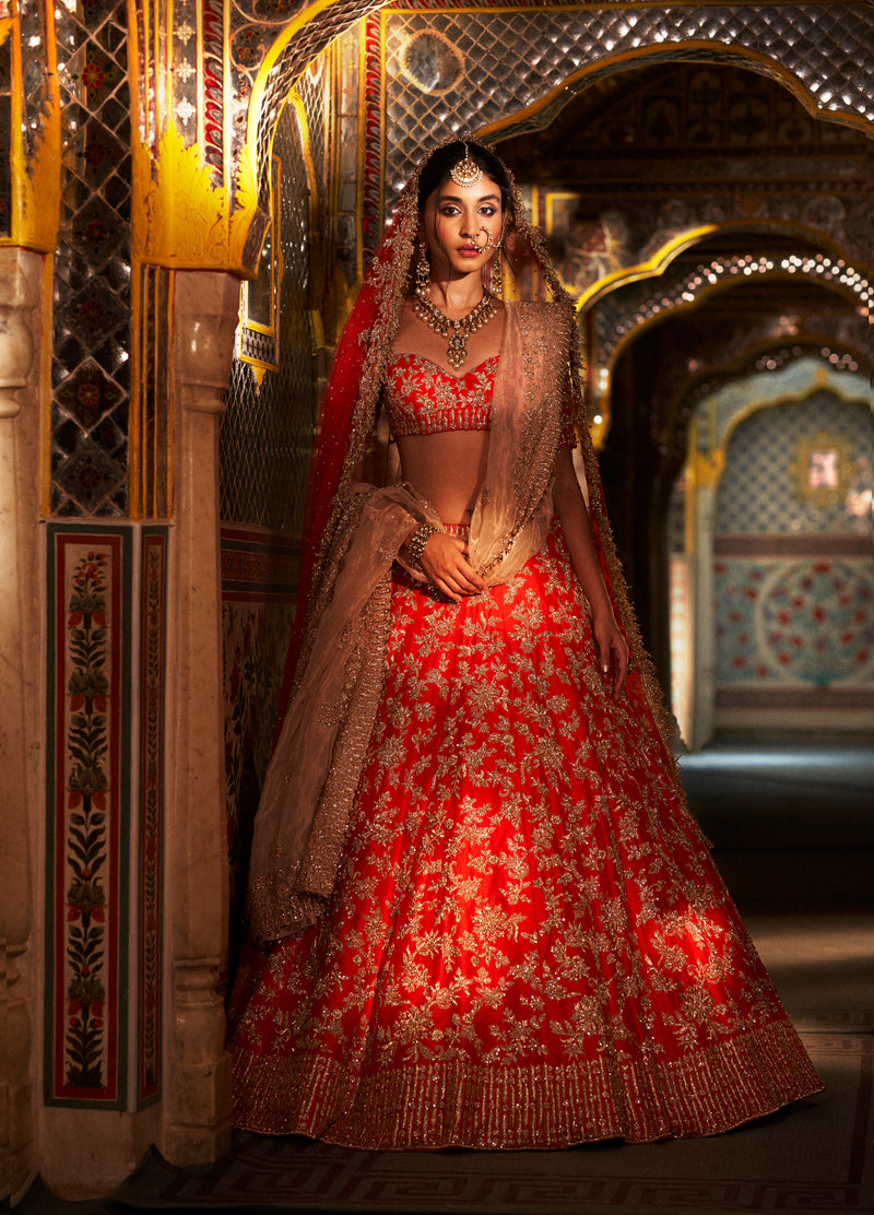 Red Rose Gold Zardosi Lehenga Set