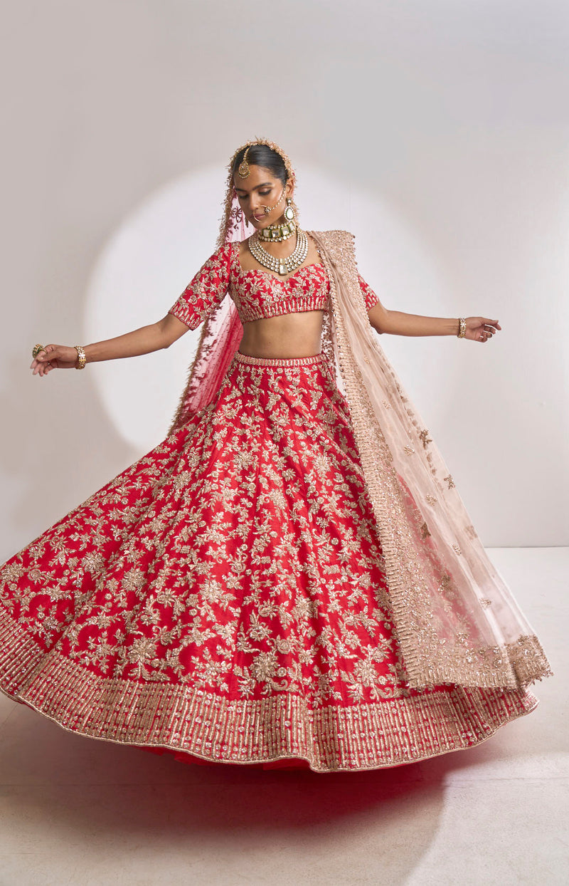 Red Rose Gold Zardosi Lehenga Set