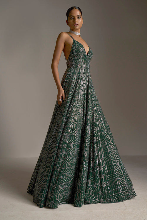 Bottle Green Crystal Gown by Seema Gujral - Lotus Bloom Canada