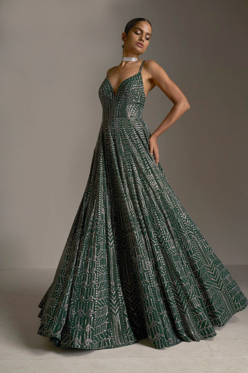Bottle Green Crystal Gown by Seema Gujral - Lotus Bloom Canada