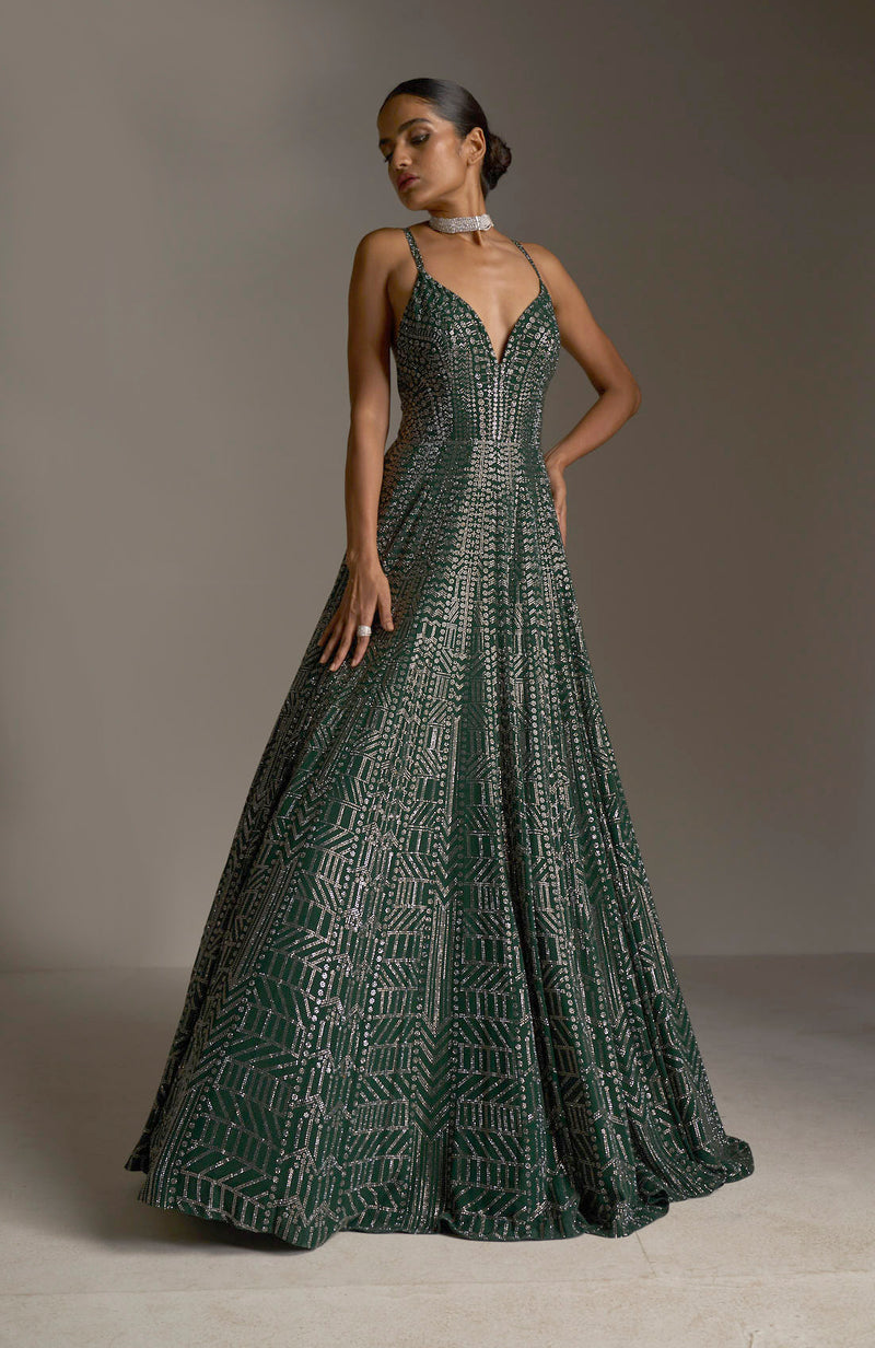 Bottle Green Crystal Gown by Seema Gujral - Lotus Bloom Canada