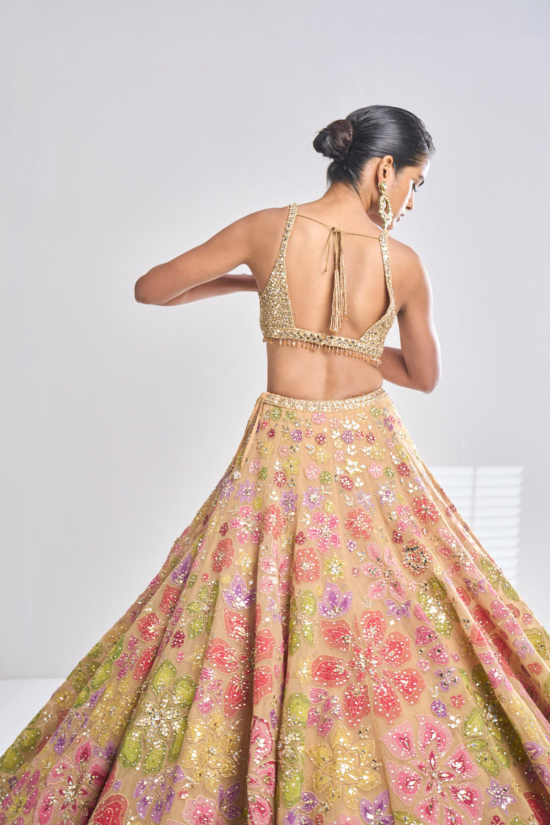 Multi-Coloured Gold Lehenga Set by Seema Gujral - Lotus Bloom Canada