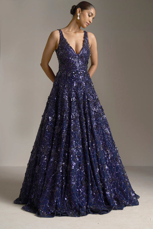 Navy Blue Sequin Gown by Seema Gujral - Lotus Bloom Canada