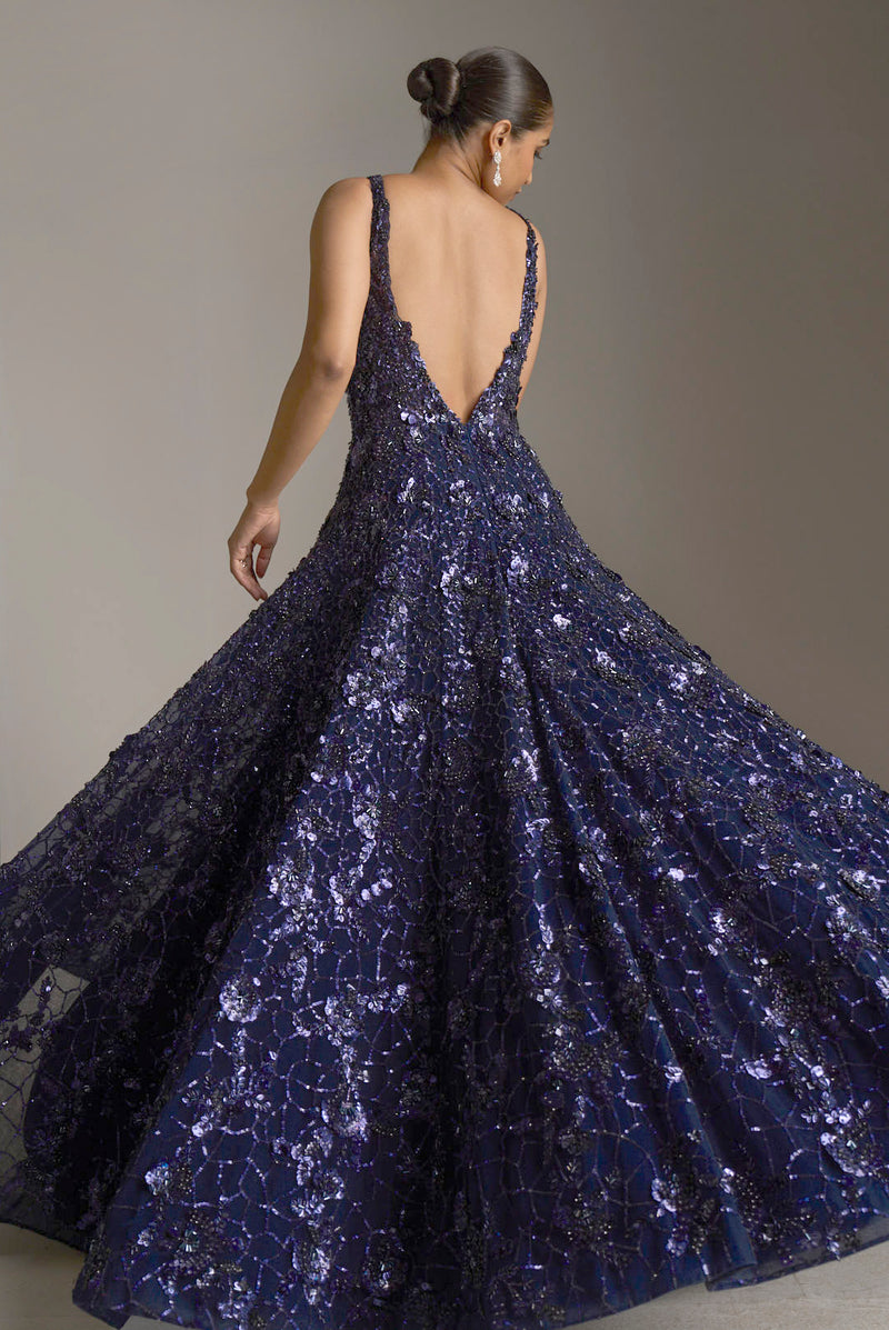 Navy Blue Sequin Gown by Seema Gujral - Lotus Bloom Canada