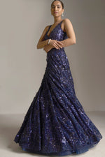 Navy Blue Sequin Gown by Seema Gujral - Lotus Bloom Canada