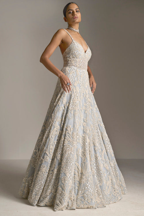 Ice Blue Pearl Gown by Seema Gujral - Lotus Bloom Canada
