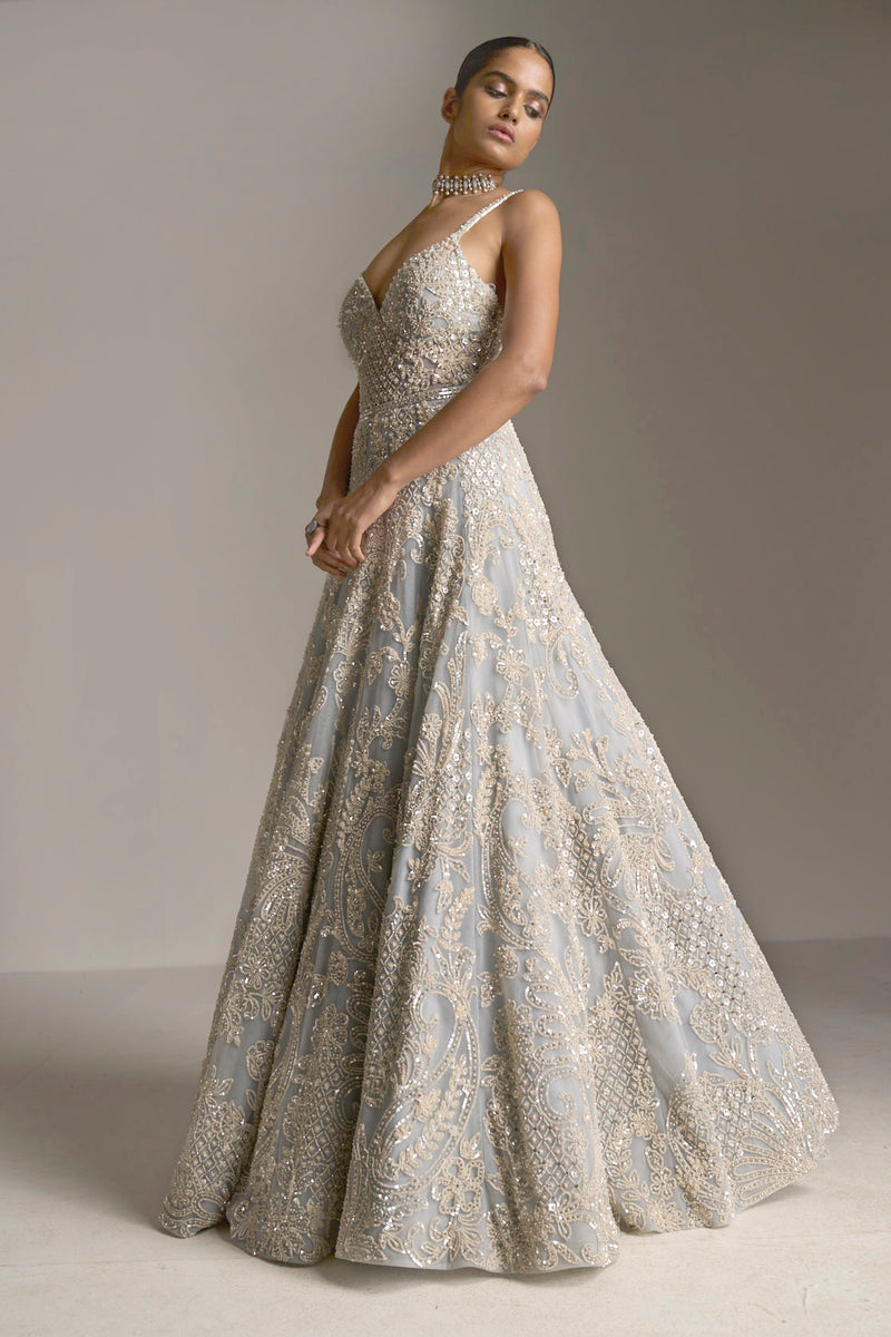 Ice Blue Pearl Gown by Seema Gujral - Lotus Bloom Canada