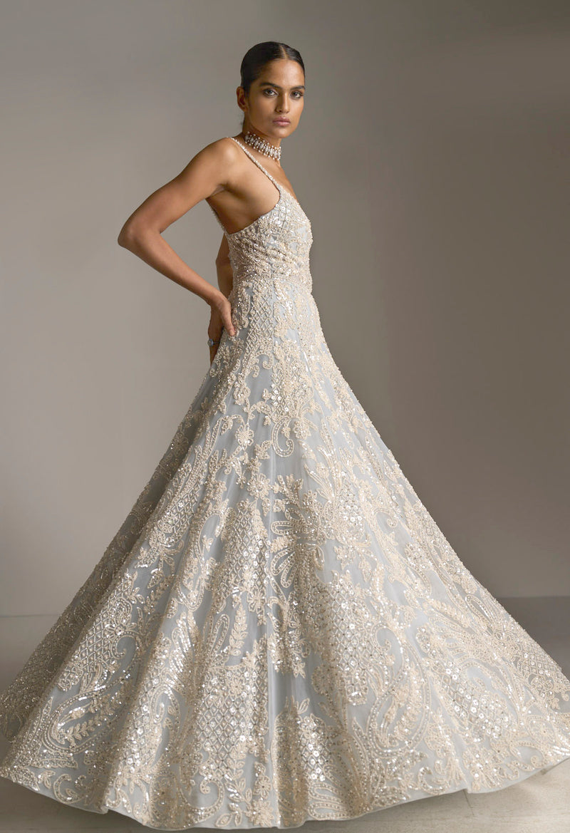 Ice Blue Pearl Gown by Seema Gujral - Lotus Bloom Canada