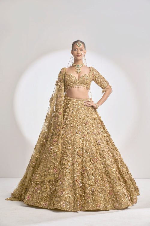 Gold Three-Dimensional Jewel Lehenga Set by Seema Gujral - Lotus Bloom Canada