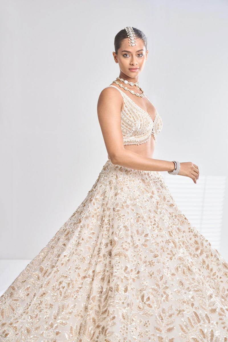 Cream Gold Floral Lehenga Set by Seema Gujral - Lotus Bloom Canada