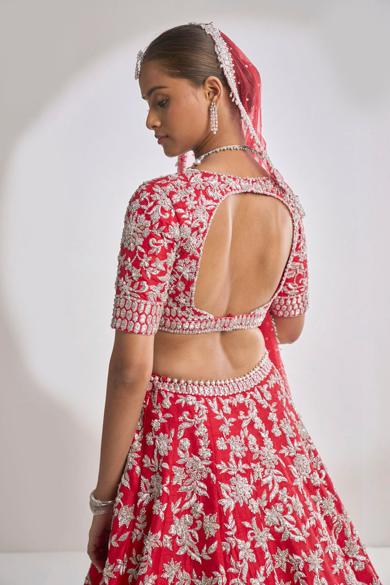 Red Silver Zardozi Lehenga Set