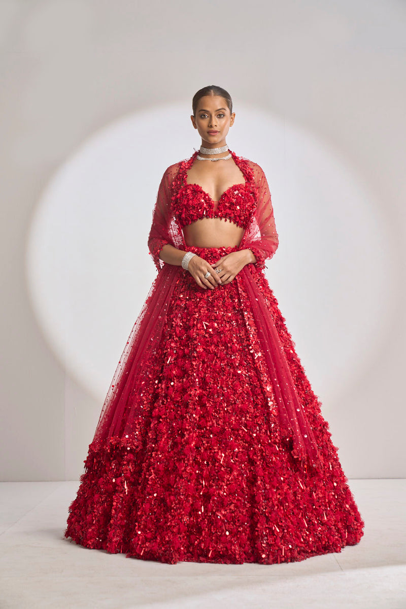 Red Three-Dimensional Lehenga Set by Seema Gujral - Lotus Bloom Canada